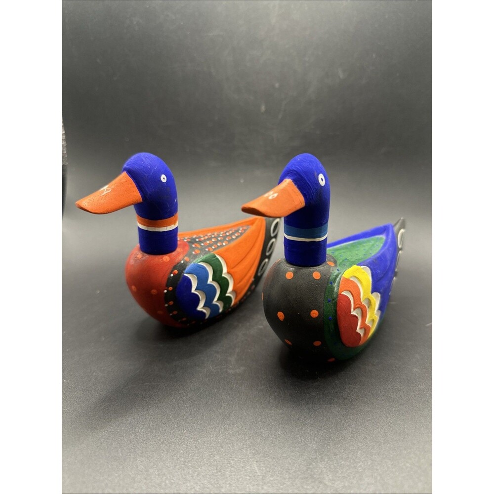 Pair Vintage Korean Wedding Ducks, Mallard, Decoy, Wood, Hand Carved Painted - 2